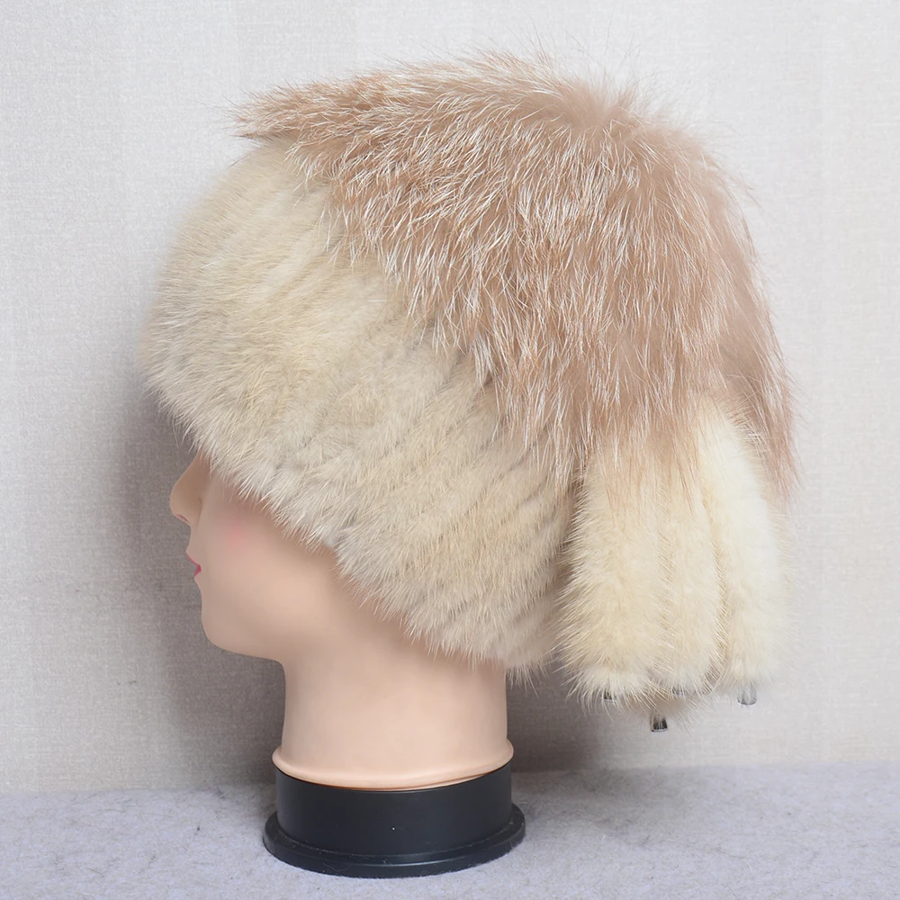 Luxury Women Winter Natural Mink Fur Hats Hand-sewn Warm Girl Real Fox Fur Cap Fashion Cute Fur Tail Female Ski Knitted Beanies