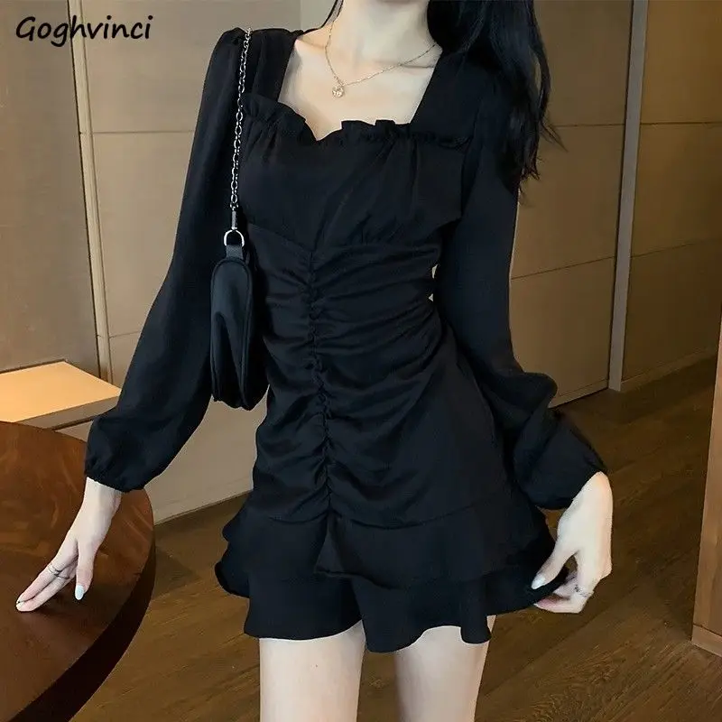 Long Sleeve Dress Women Pleated Ruffle Puff Sleeves Square Collar Black Retro Korean Style Slim Elegant Designed mini Shaped