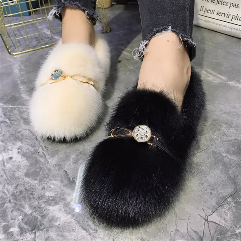 2024 New Mink Fur Women Flats Thick Sole Creepers Crystal Moccasins Winter Warm Fur Shoes Woman Espadrilles Zapatos Mujer