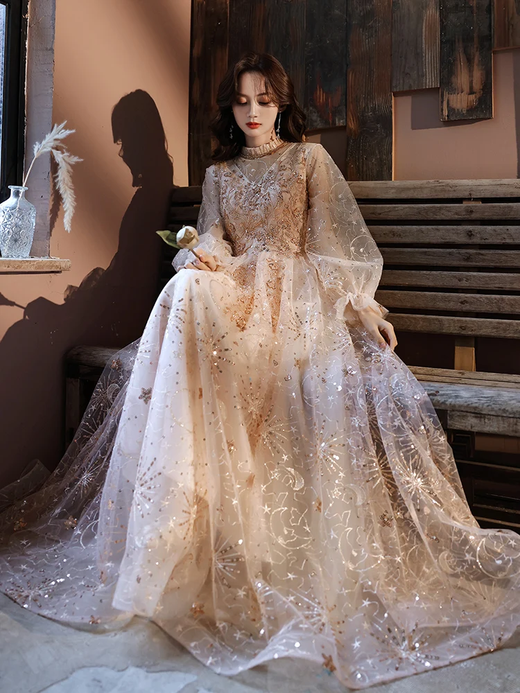 Gorgeous Champagne Evening Dress Stand Collar Full Sleeve Sequined Wedding Party Gown Women A-Line Slim Long Dress 2023