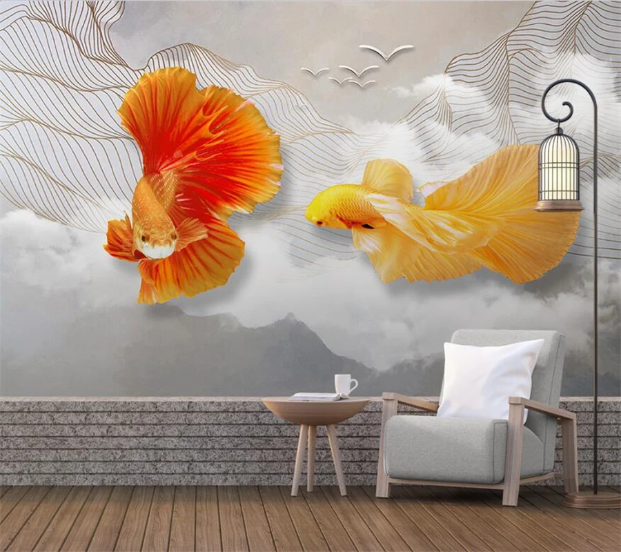 

wellyu Custom large mural modern minimalist hand-painted guppy abstract lines sky TV background living room background wallpaper