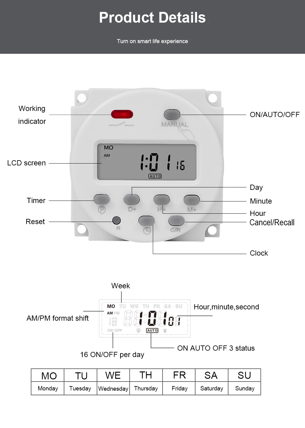 CN101A 5V 12V 24V 110V 220V Digital Timer Switch 7 Days Weekly Programmable Time Relay Programmer Built-in Rechargeable Battery