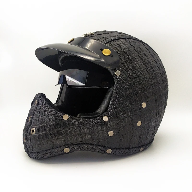 

PU leather full face helmet retro vintage motorcycle helmet with inner lens black