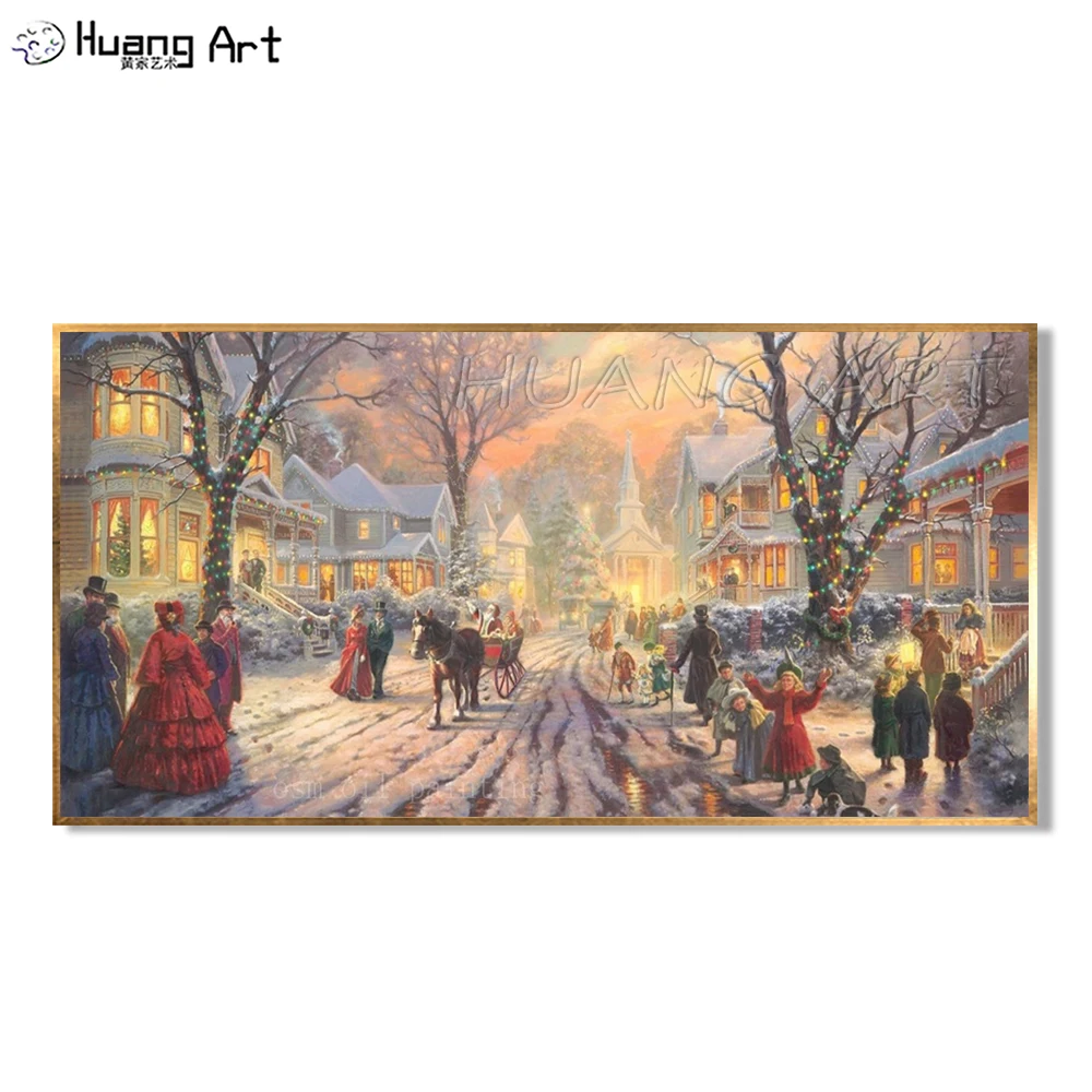 Christmas Eve Landscape Wall Artwork Hand-painted New Year People Cheered in the Street Landscape Art Oil Painitng on Canvas