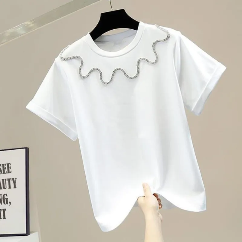 2021 New Summer Fashion Diamonds Wave Short Sleeve T-shirt Women Casual Tees Lady Tops Streetwear s1009