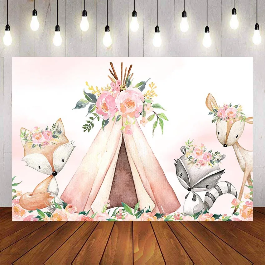 Mehofond Photography Background Woodland Animals Backdrop 1st Birthday Party Baby Shower Banner Pink Flowers Watercolor Wild