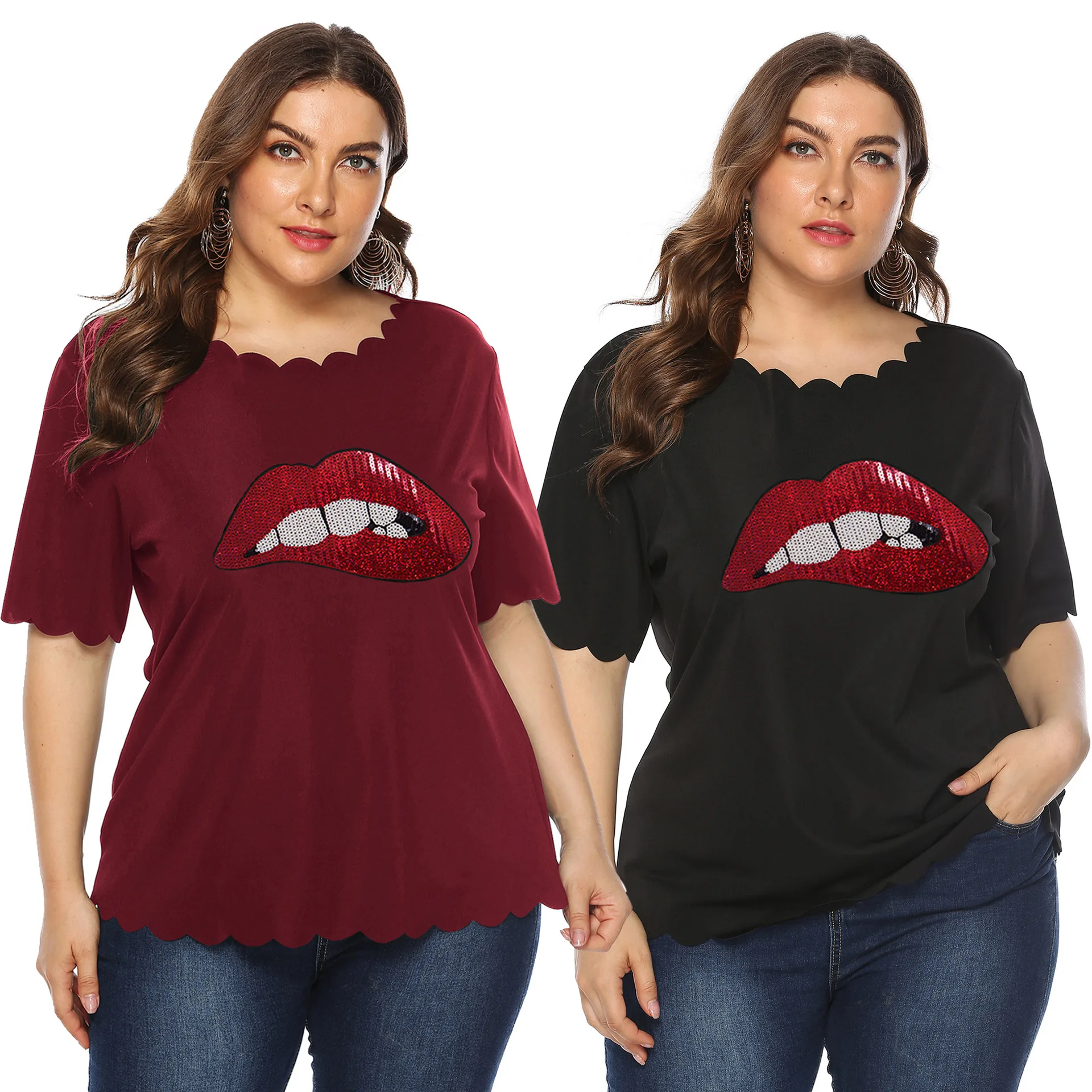 

plus Size Women's Sequined Lips Applique Wavy Edge Casual T-shirt Top