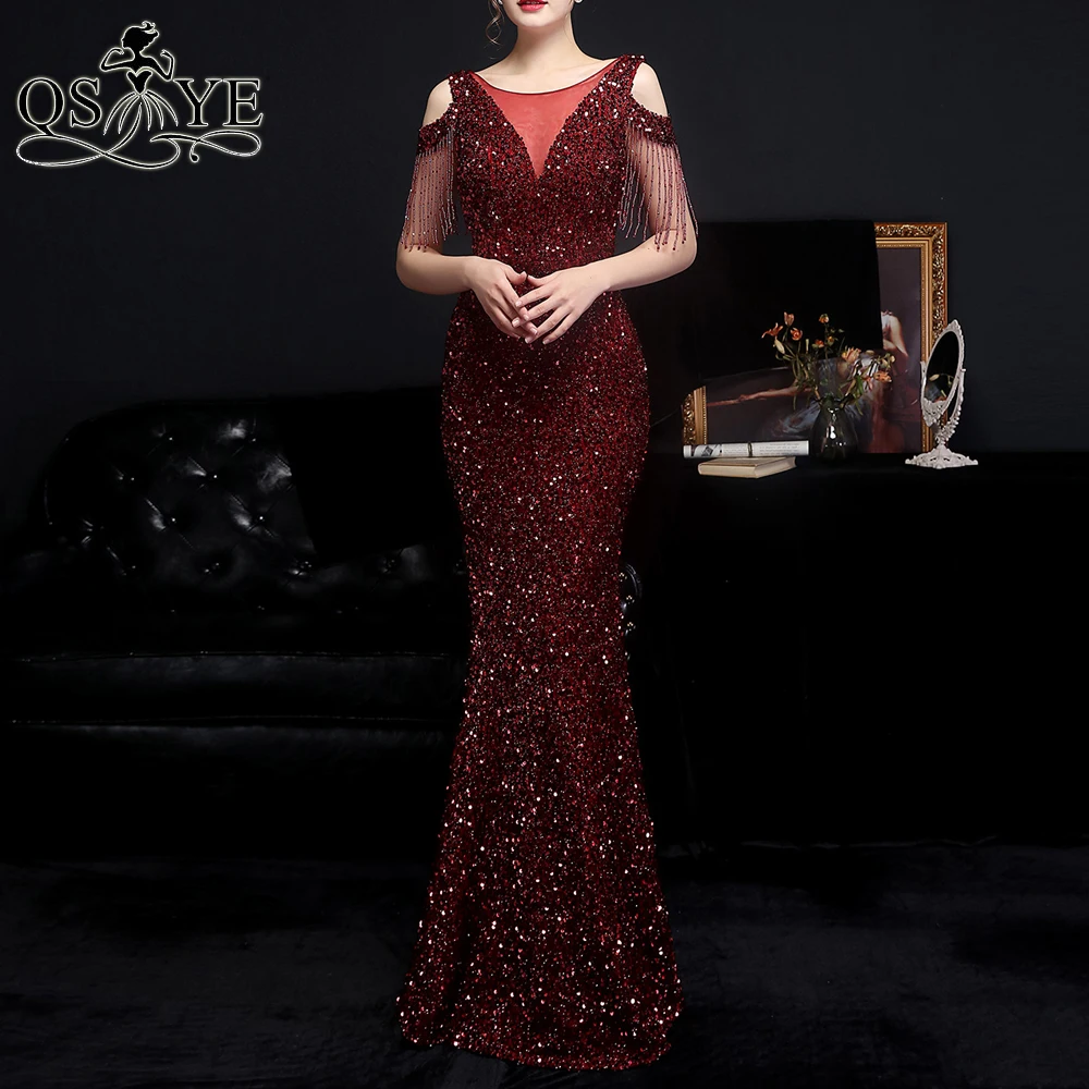 Beading Side Sleeves Burgundy Evening Dresses 2021 Long Sequin Prom Gown V Back Party Dress Scoop Neck Mermaid Women Formal Gown