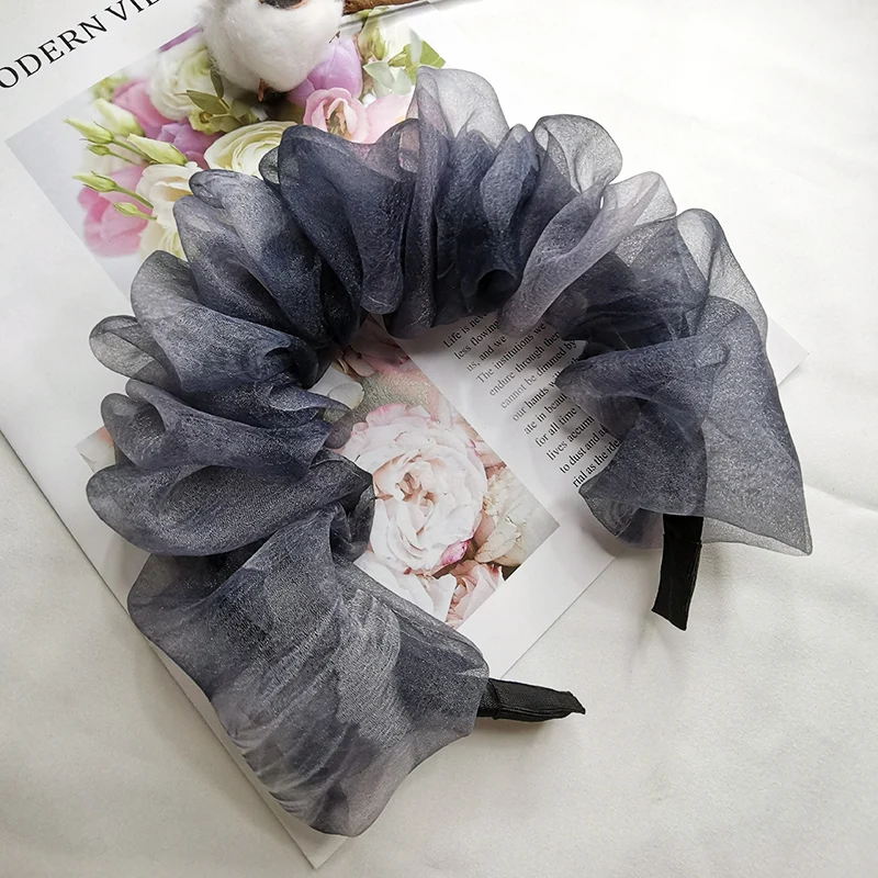 Lystrfac New Korean Mesh Ink Printing Bubble Fold Scrunchy Headband for Women Fashion Hairband Female Hair Accessories