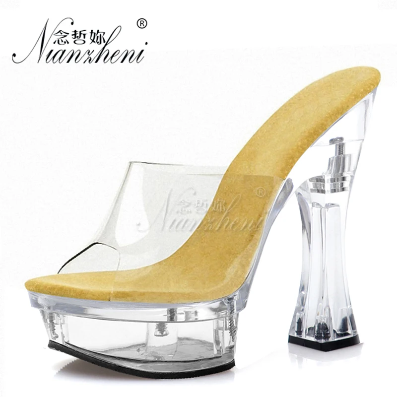 

6 Inch High Stripper Heeled Pole Dance Shoes Thick Platform 14CM Spool Heels Clear Crystal Concise Wedding Womens Slippers Party