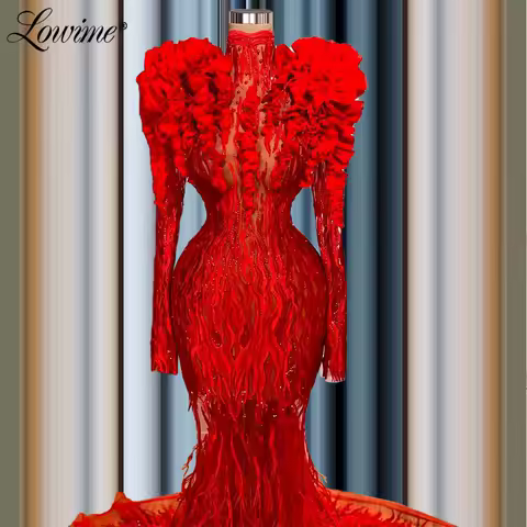 Lowime Dubai Luxury Long Evening Dresses 2021 Red Feathers Mermaid Party Gown Celebrity Dress Arabic Customized Prom Dress Robes