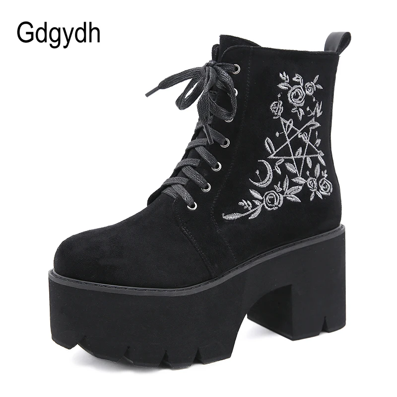 Gdgydh-Botas de plataforma con flores para mujer, zapatos góticos de cuero de ante, Punk, grueso, con cordones y cremallera trasera, de alta calidad