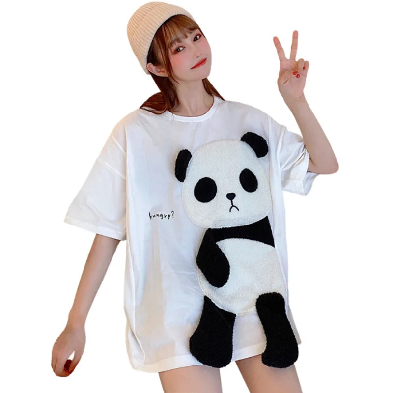 Summer Flocking Cartoon Panda Pattern Stitching T Shirts Women Kawaii Loose Top Girls Street Fashion Hip Hop Casual Top Tees