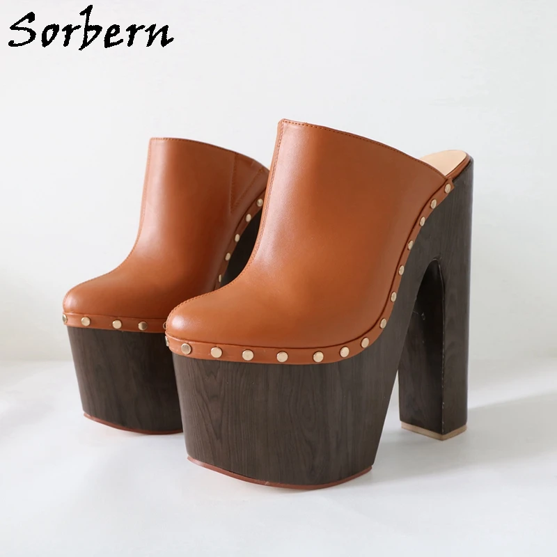 Sorbern Punk Rivets Women Pump Block Heels Mules Unisex Studs Side Slip On Cork Style Wrapped Chunky Heel Platform Thick Shoe