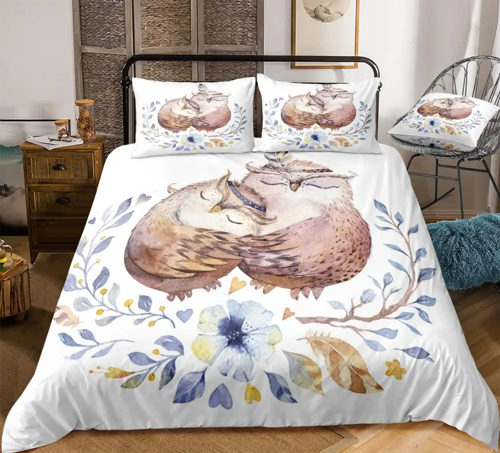 Lovely Owls Quilt Cover Set Cartoon Animal Bedding Set for Kids Flowers and Hearts  Valentines Home Textiles Boys Girls