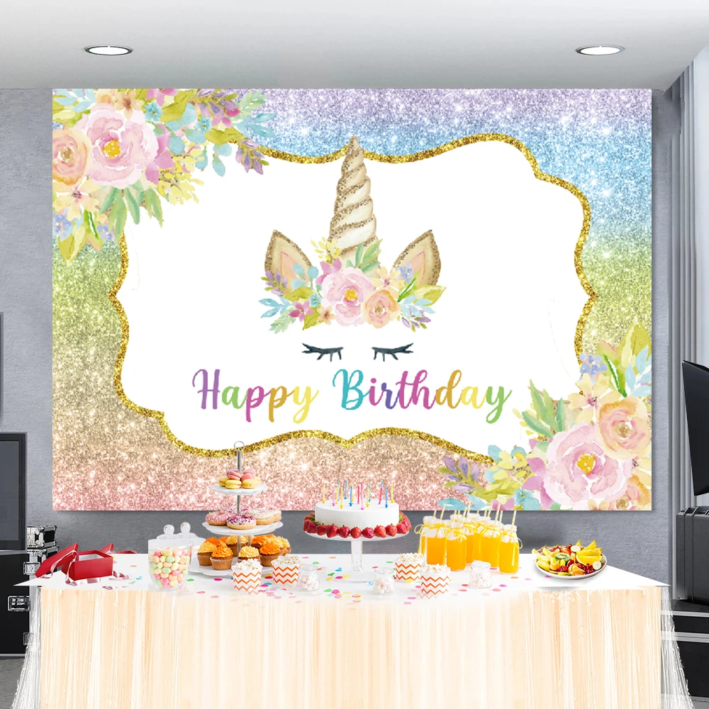 Golden Unicorn Birthday Backdrop Pink Blue Polka Dots Flowers Baby Shower Birthday Party Customized Poster Photo Background