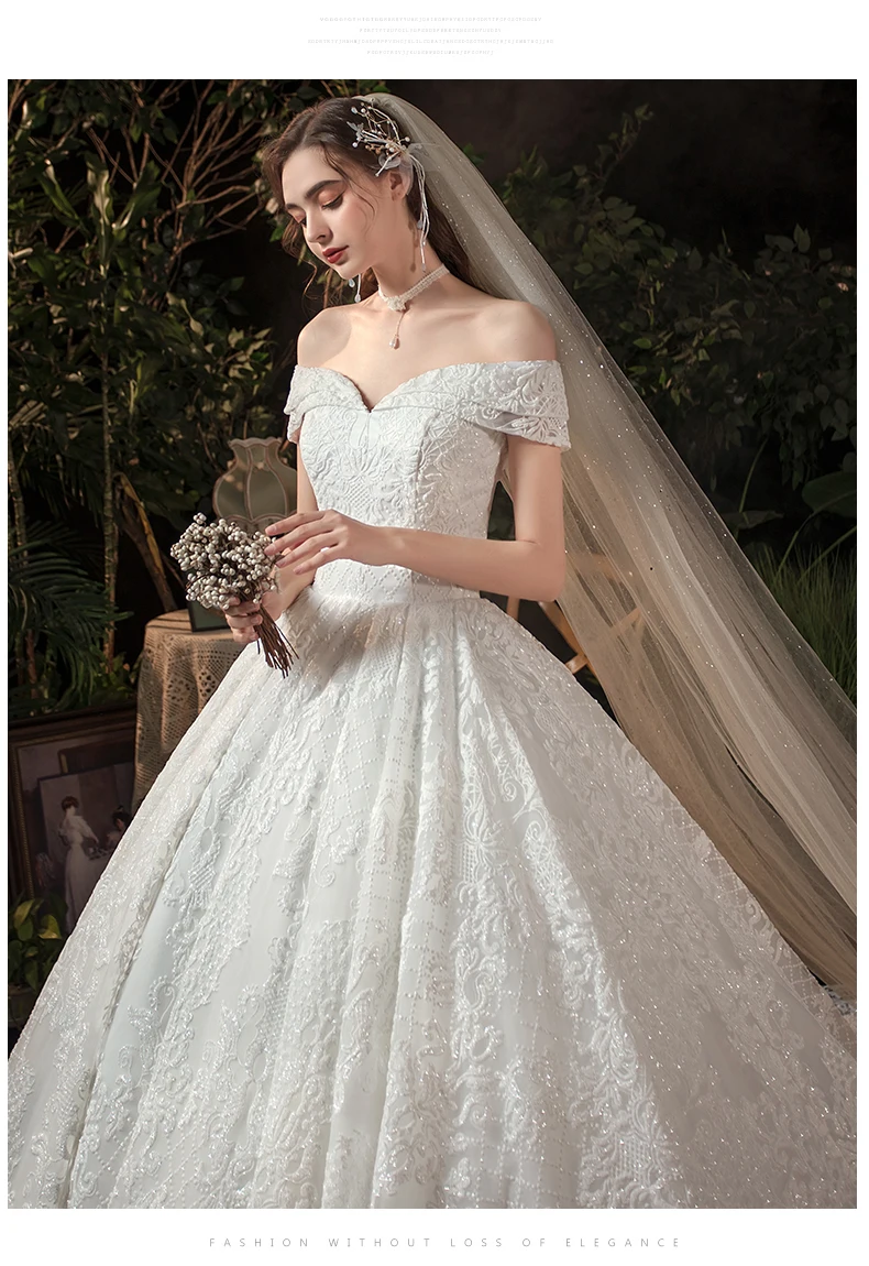 Real Photo Glitter White Luxur Wedding Dresses Long Lace Sequin Royal Train Bride Gowns Princess Church Bridal Dress Custom Made