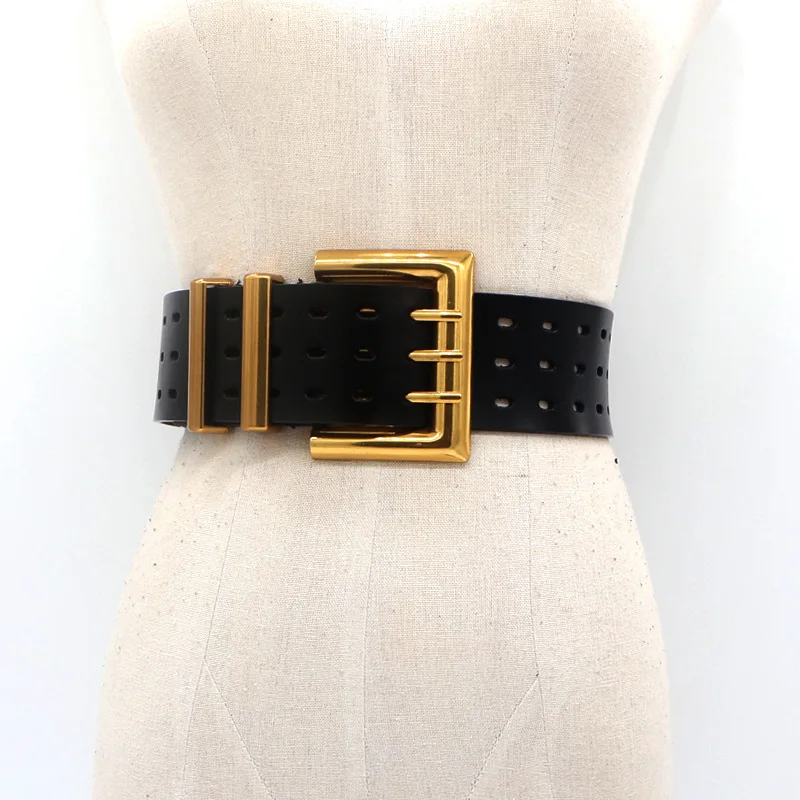 Leather belt, wide eye belt, lady\'s high quality three-row needle belt seal, pure cowhide bronze buckle wide belt belt