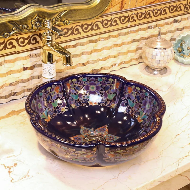 Flower shape China Vintage Style Countertop Basin Sink Handmade Ceramic Bathroom Vessel Sinks ceramic wash basin