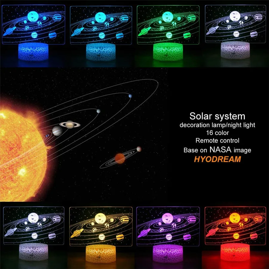 3D Acrylic Night Lamp with Remote Controller, USB, Battery Powered, RGB, Solar System, Bedroom,Study,Gifts, 16 Colors