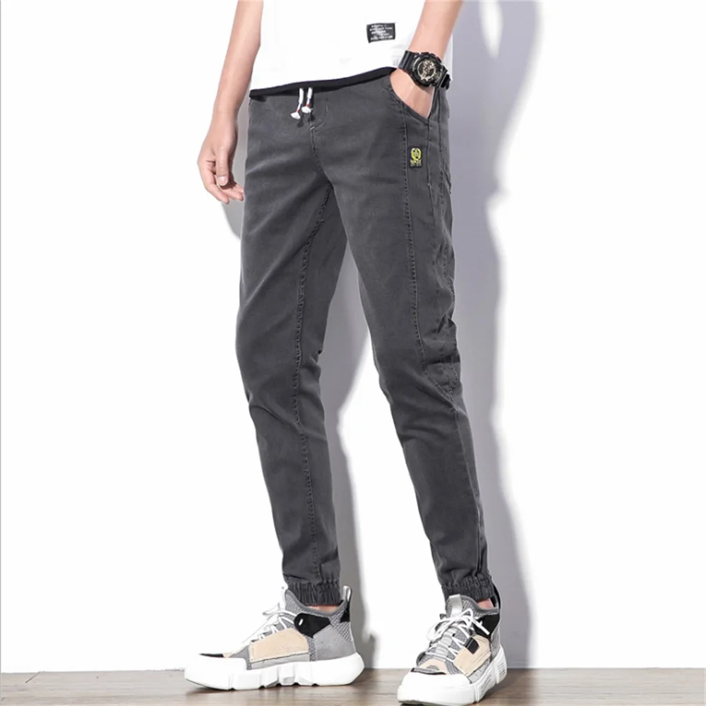 EH · MD® Drawstring Jeans Men's Elastic Belt Trousers Casual Trousers Soft Fabric Micro Chapter Pure Color Fashion Slim 2020 New