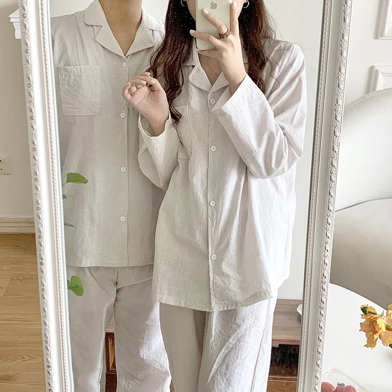 5 color spring autumn couple pajama set striped long sleeve loose cotton sleepwear two piece set women/men home clothesL511