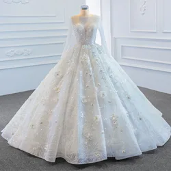 Hochzeits klid langärmliges Ballkleid Brautkleid handgemachte Blumen funkelnd vestido de noiva Perlen Prinzessin Trouwjurk