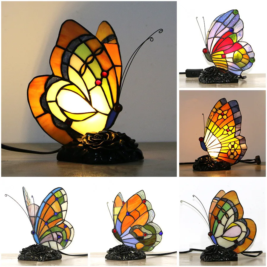 

Retro Romantic Pastoral Butterfly Bedroom Bedside Night Light Living Room Decoration Stained Glass Table Lamp E27 AC 110V 220V