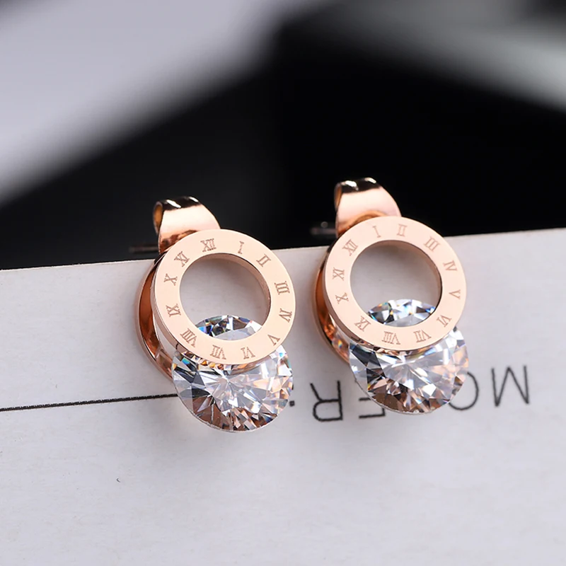 Luxury Zircon Stainless Steel Earring Romantic Roman Numeral Circle Ladies Earrings Classic Rose Gold Color Women Jewelry