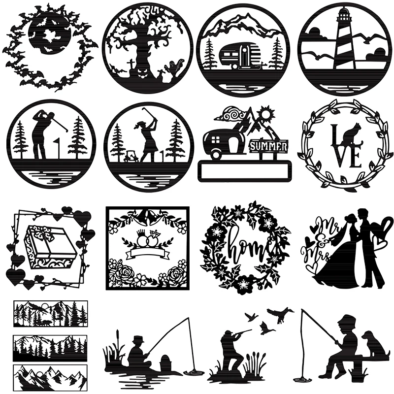 Metal Cutting Dies People Golf Fishing Shooting Car Lighthouse Love Gift Wreath Mountain River Round Frame Silhouettes 2021