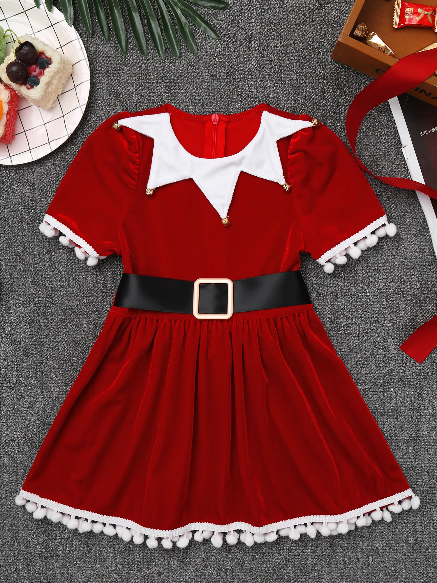 Kids Girls Christmas Holiday Santa Claus Elf Costume Tutu Dress with Hat Belt Xmas Festival Party Princess Outfits Performance