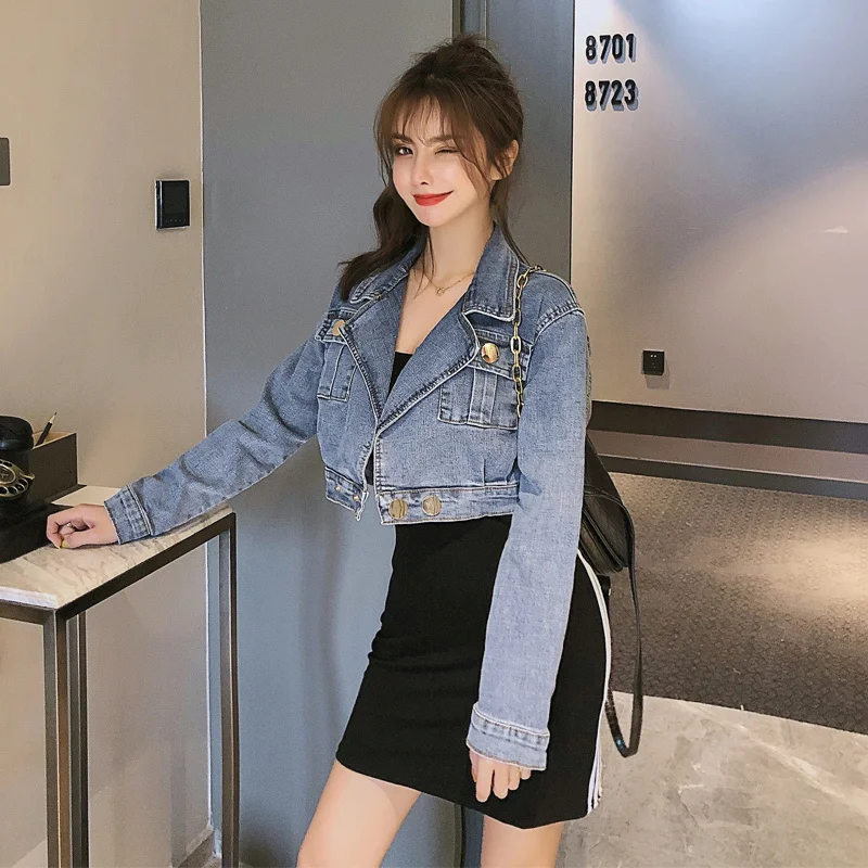 

Elegant Women Short Denim Coats Autumn Fashion Turn-Down Collar Cropped Tops Streetwear Office Lady Long Sleeve Jean Jackets