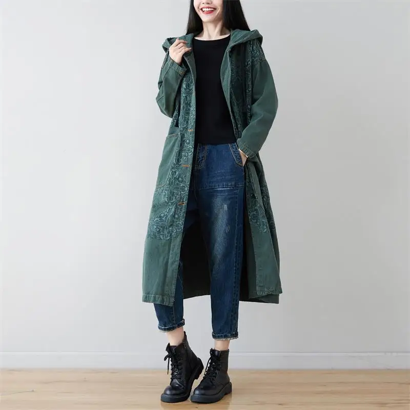 2024 Spring Fall Female Long Trench Coat Loose Vintage Print Denim Cotton Women Hooded Jacket Plain Single Breasted Windbreaker