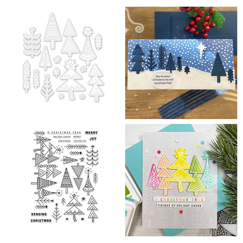 

Merry Christmas Multi-Style Trees Metal Cutting Dies & Transparent Clear Stamps for Diy Scrapbooking Album/photo Paper Cards