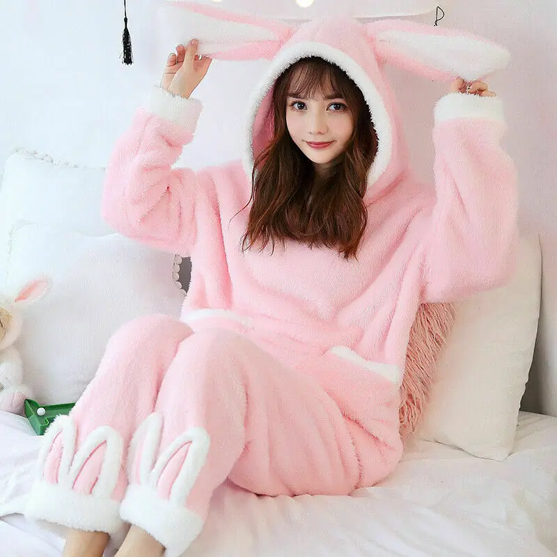 Winter Coral Fleece Pajama Set Women Thick Warm Flannel Velvet Cozy Two Piece Sleepwear Rabbit Ear Hooded Home Clothing Homewear