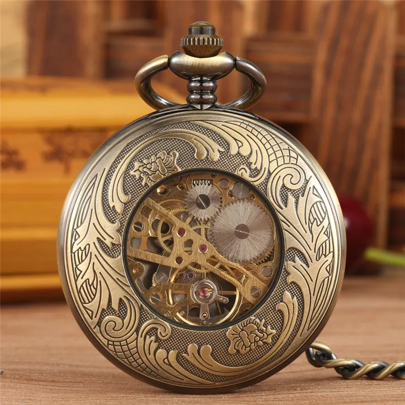 Klassische Unisex mechanische Handaufzug Taschenuhr römische Nummer Skelett Uhr Anhänger Kette sammel bare Uhr