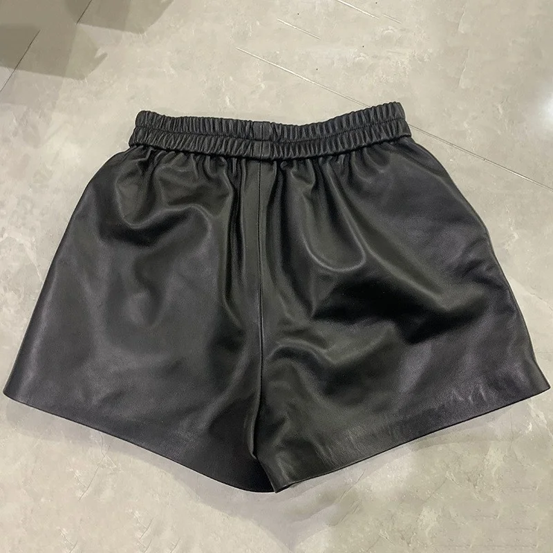 

Women Spring Sequined Embroidery Wide Leg Shorts Elastic Waist Casual High Quality Sheepskin Genuine Leather Shorts Streetwear