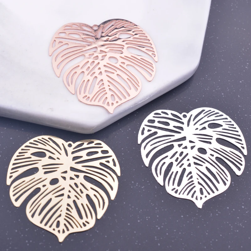6pcs 30mm Rose Gold Color Monstera Deliciosa Liebm Charms Silver Plated Leaf Thin Earring Brass Pendant Jewelry DIY Earring