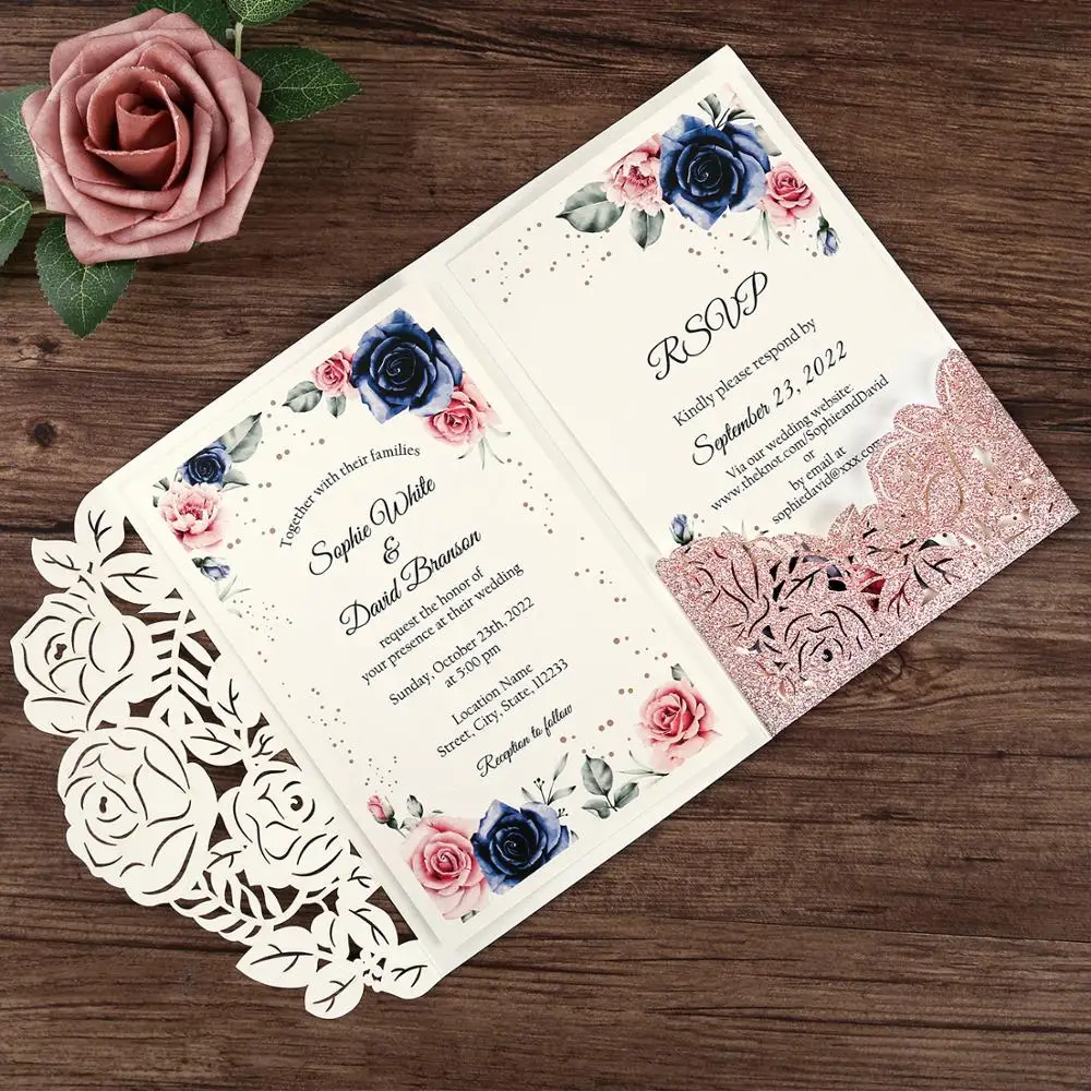 100pcs Rose Gold Laser Cut Wedding invitations for Wedding (5 Colors)