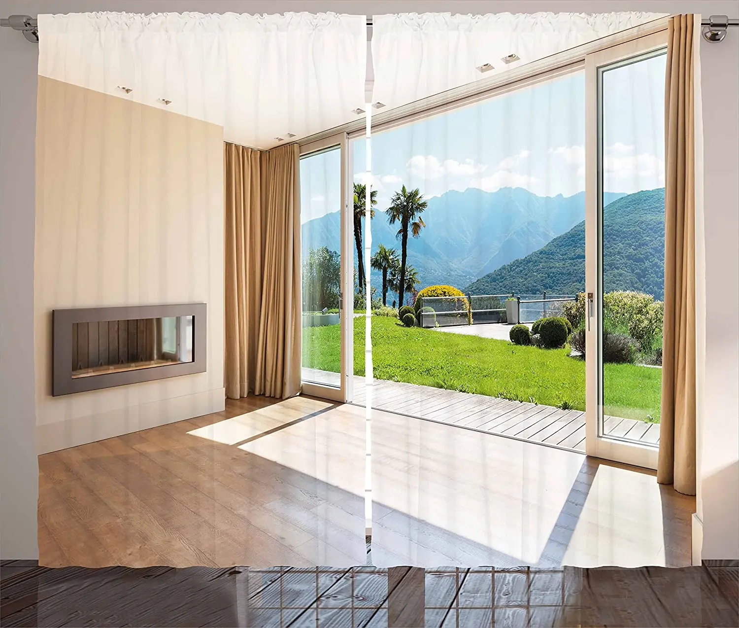 Modern Blackout Curtains Room with Scenic View House Mountains Palm Trees Greenery Garden Window Curtain