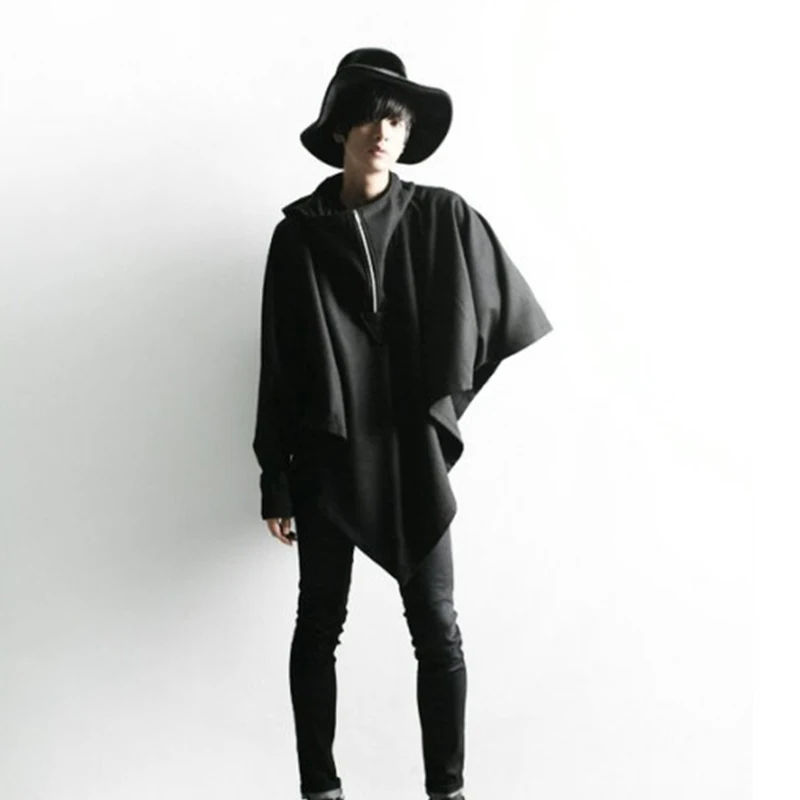 Personality mens cape shawl hooded bat loose  cape coat male hairdresser alternative performance stage