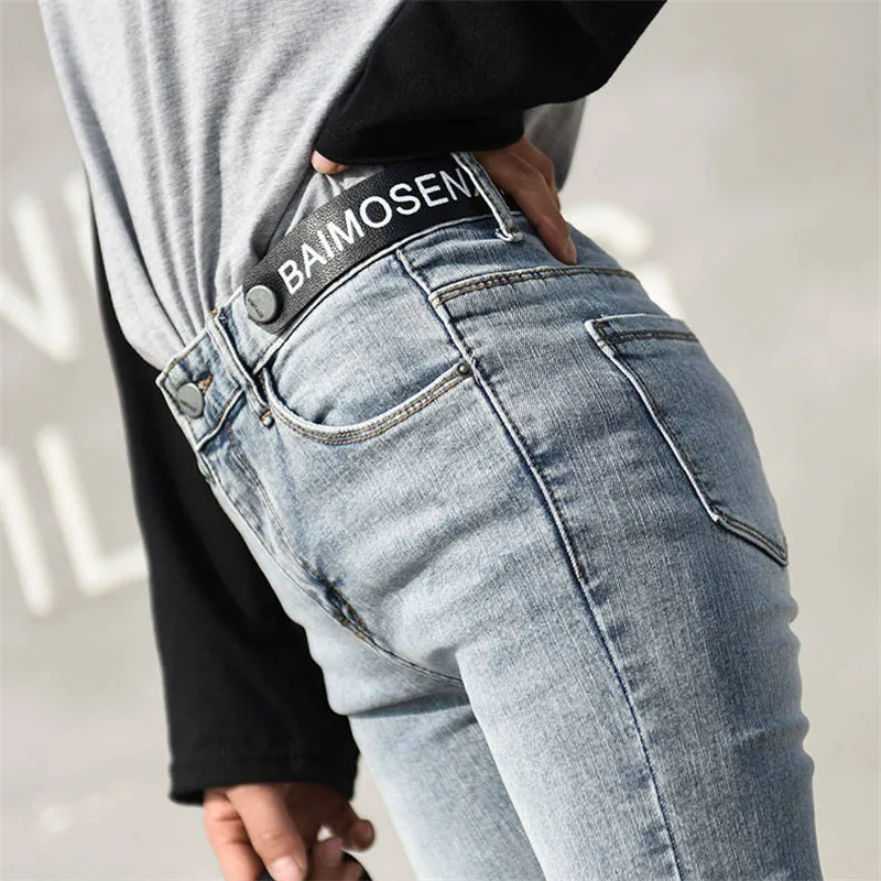 Mom High Waist Plus Size Pencil Jeans Women Skinny Black Gray Stretch Denim Pants Ladies Fashion Leather Belt mujer Streetwear