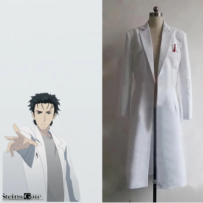 Steins Gate Okabe Rintarou Cosplay Costume Coat Long Jacket White Jacket costume cos wigs Mad Scientist White coat costume