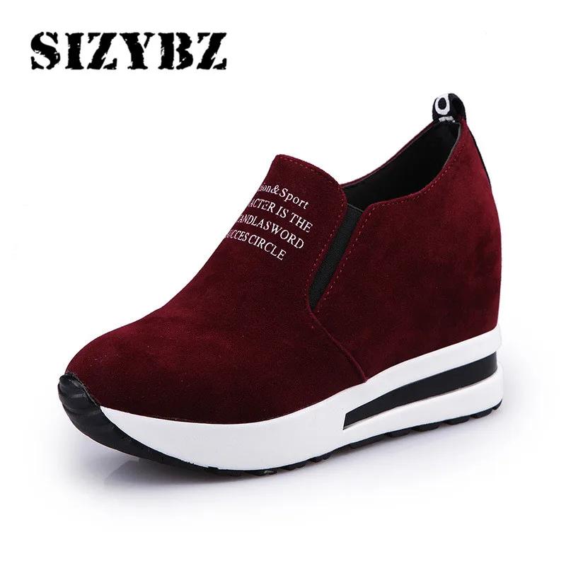 Flock Sneakers New High Heel Lady Casual Black Wine Red Women Sneakers Leisure Platform Shoes Breathable Height Increasing Shoes