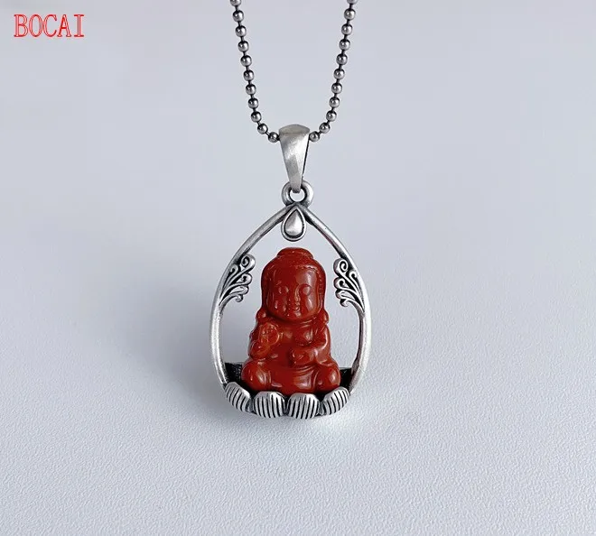 

New 925 Sterling Silver Little Buddha South Red Agate Pendant Maitreya Buddha Laughing Buddha Jewelry