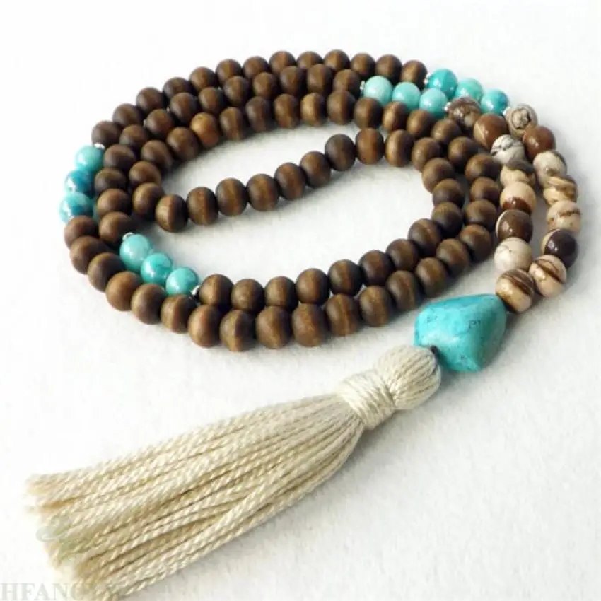 8mm Sandalwood wood Turquoise Tassels Mala Necklace 108 Bead Sutra Buddhist Healing Chakas energy Gemstone cuff Stress Bless Men