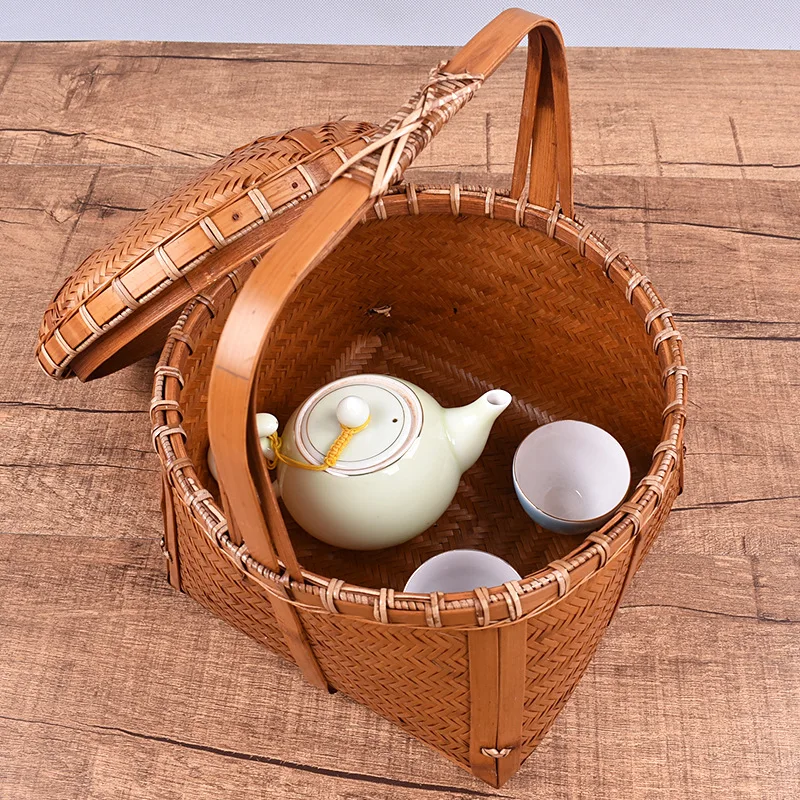 Handmade Bamboo Woven Retro Portable Basket, Household Picnic Box, Tea Set Storage