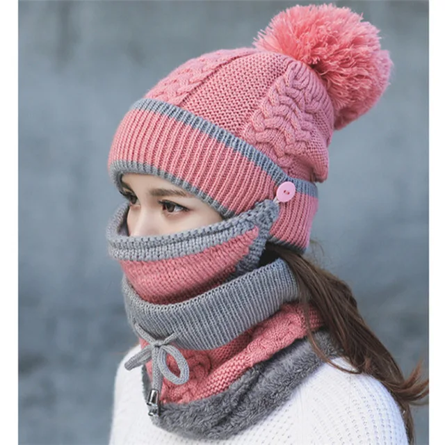 2020 fashion knitted hat mask bib three-piece women autumn and winter dustproof warm hat cycling thickened ear protection