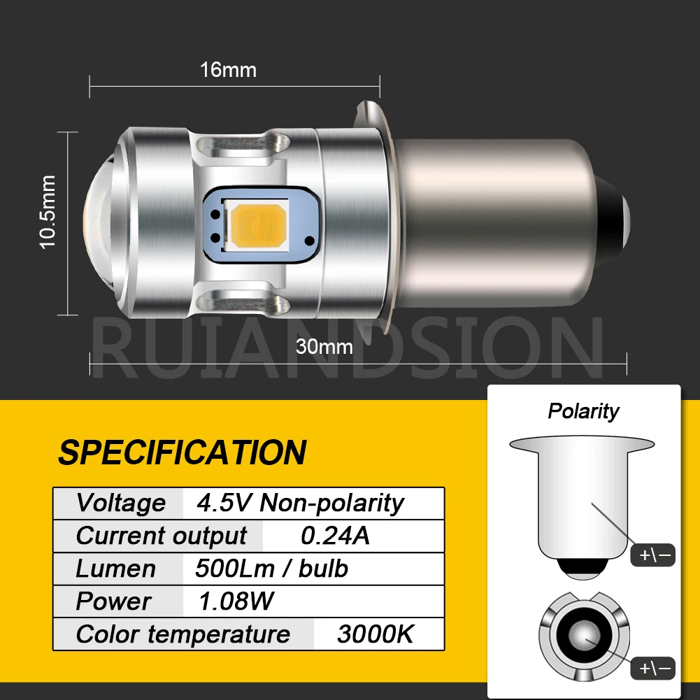 RUIANDSION P13.5S PR2 9mm 전구, 2D 3D 4D Maglite 손전등 교체 LED, 6000K, 4300K, 3V, 6V, 4.5V, 2835SMD, 500Lm 비극성, 1 개