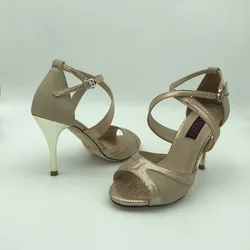 Zapatos de baile de Flamenco para mujer, calzado Sexy de Tango Argentina, zapatos de fiesta, suela dura de cuero de T6234B-NLGL, tacón de 7,5 cm y 9cm, disponible